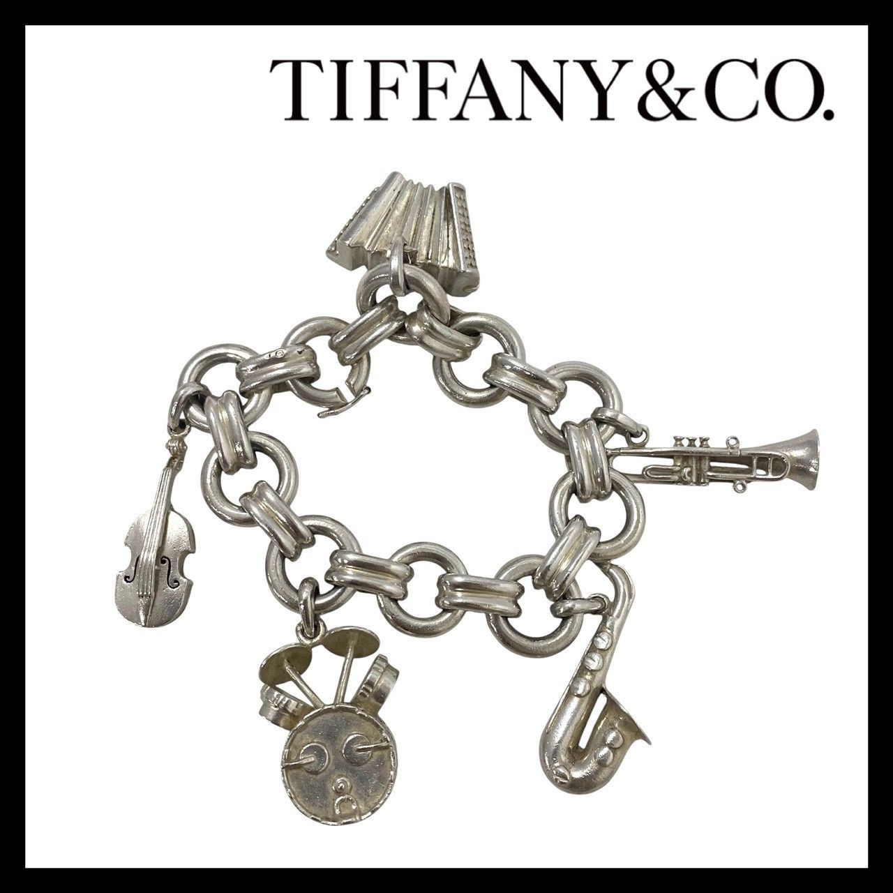 M【TIFFANY&Co.】チャーム チェーン ブレスレット SV925 SILVER/シルバー 総重量約143.6g ジャズ 楽器 サックス トランペット バイオリン アコーディオン ドラム ヴィンテージ ティファニー (66940OY3)
