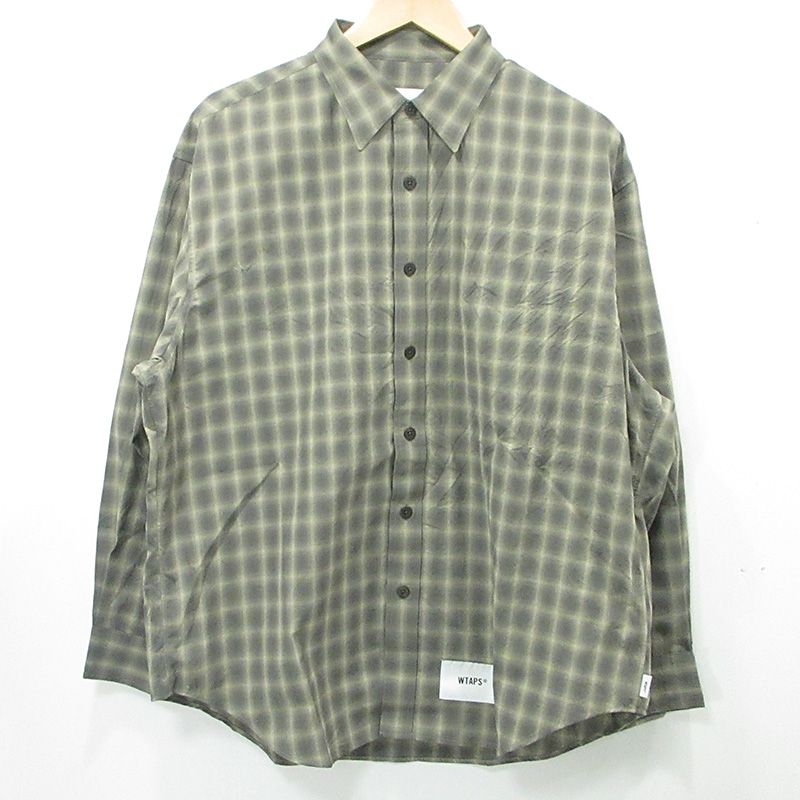 【三重本店】 中古 W)TAPS | ダブルタップス TXT 01 LS POLY. BROADCLOTH. TEXTILE. OF 総柄長袖シャツ チェック柄 グレー×ベージュ OLIVE DRAB オリーブ サイズ：2 【103】