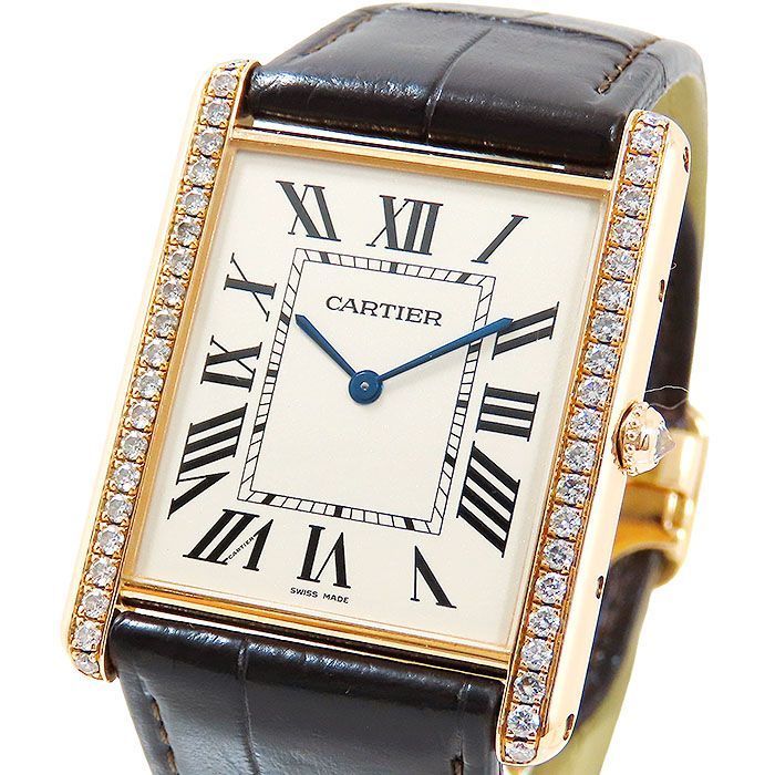 Cartier カルティエ タンクルイ XL WT200005 アイボリー文字盤 K18PG 750 ピンクゴールド レザー ダイヤベゼル 約58.0g 腕時計 手巻き メンズ 送料無料 241001032760