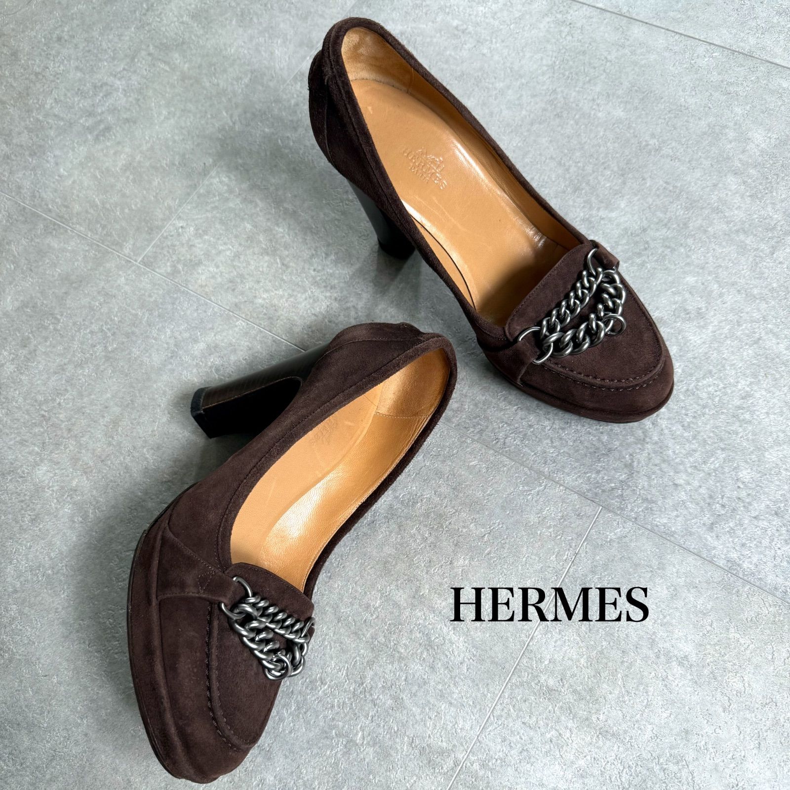 HERMES エルメス チェーン スエードパンプス ブラウン 36 1/2 