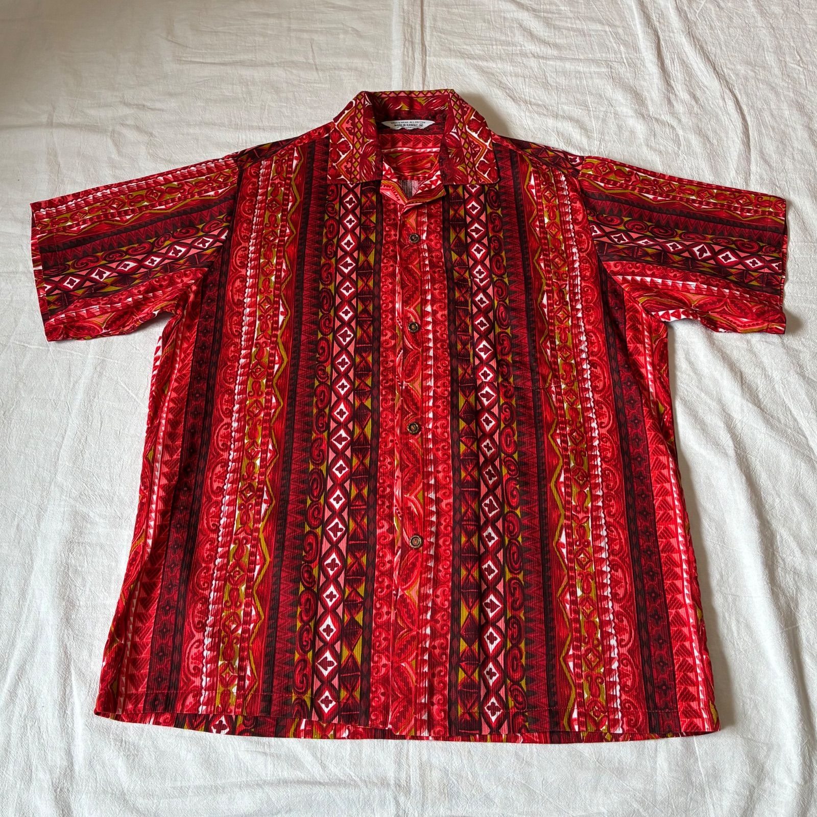 60s MADE IN HAWAII アロハシャツ ボーダーパターン レッド M表記