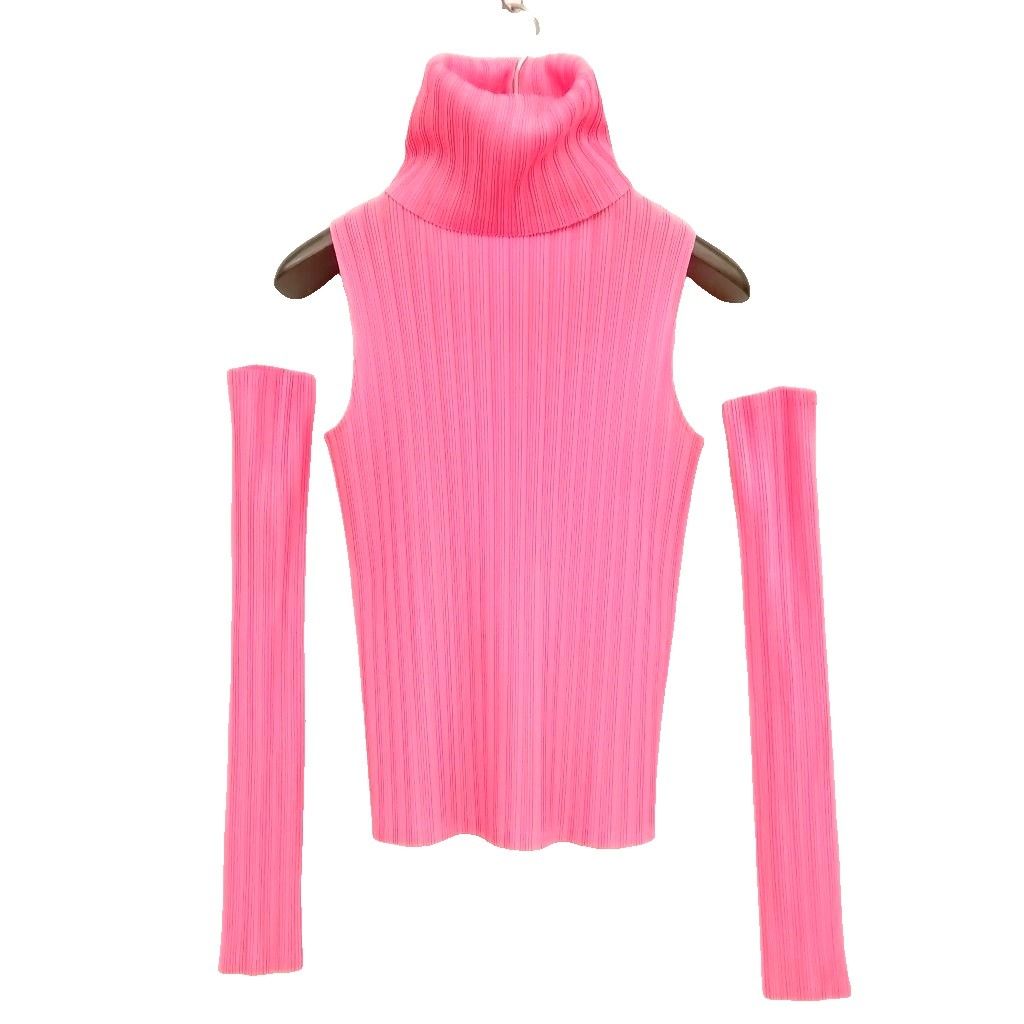 プリーツプリーズ PLEATS PLEASE イッセイミヤケ PP01-FK322 プリーツ アームカバー付き ノースリーブ カットソー タートルネック 3 ピンク 美品
