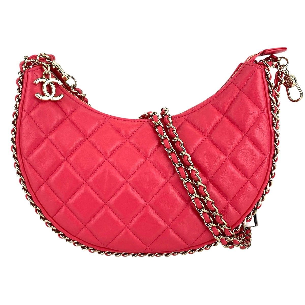 CHANEL シャネル スモールホーボー マトラッセ ハーフムーン ショルダーバッグ AS3917 レディース ラムスキン ピンク フューシャピンク ゴールド金具 中古