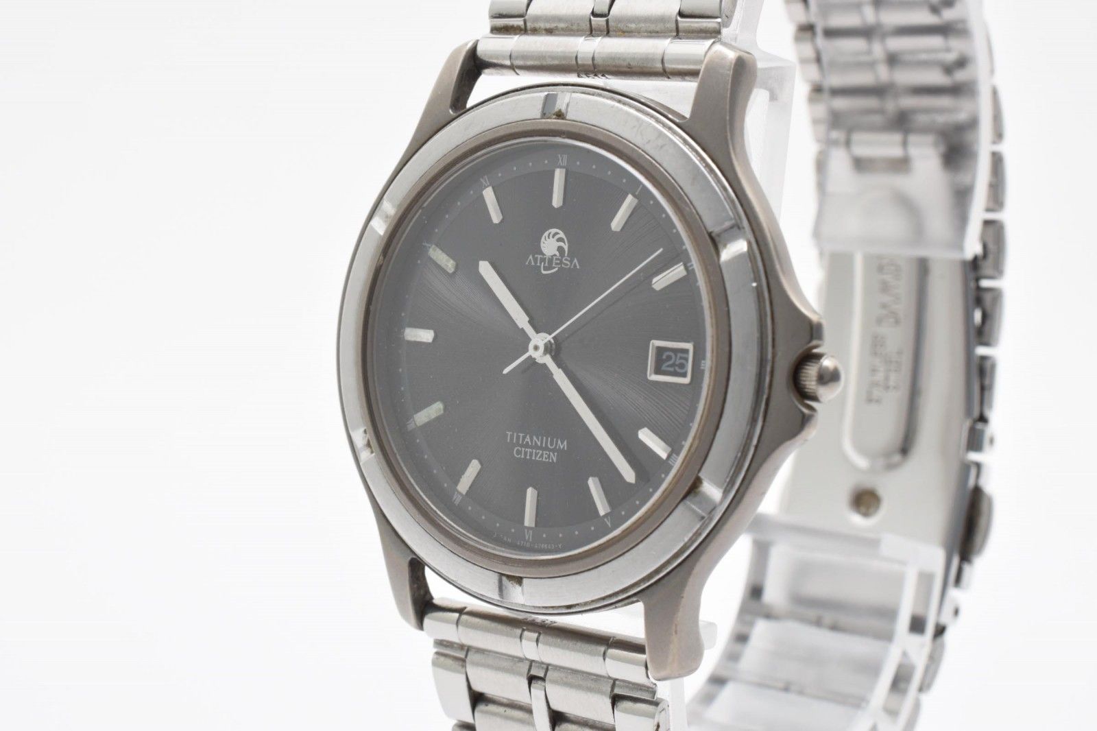 シチズン Citizen ATTESA 4713-472209 メンズ腕時計 チタンケース ブラック文字盤 デイト クォーツ アテッサ 1990年代