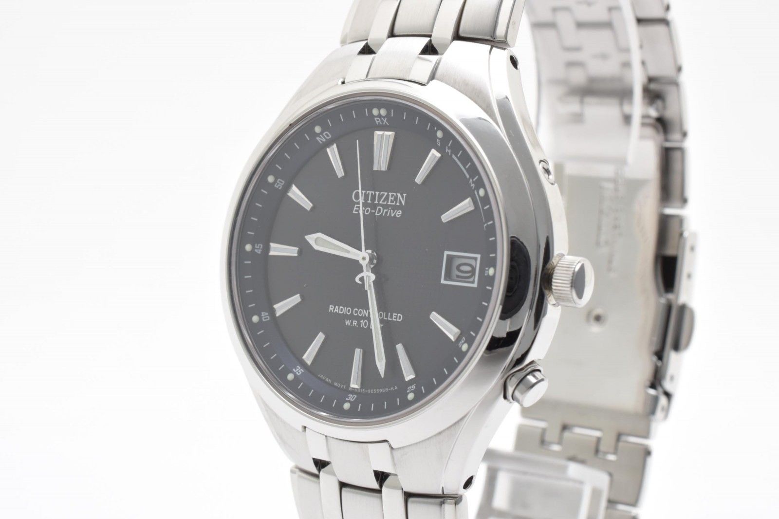 シチズン Citizen H415-S033047 メンズ腕時計 エコドライブ 電波ソーラー ブラック文字盤 デイト ステンレススチール 箱付き