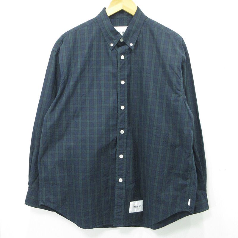【三重本店】 中古 W)TAPS | ダブルタップス BD 03 LS COTTON. BROADCLOTH. TEXTILE. OF 総柄コットンブロードクロス長袖シャツ チェック柄 251TQDT-SHM03 グリーン×ネイビー サイズ:2 【103】
