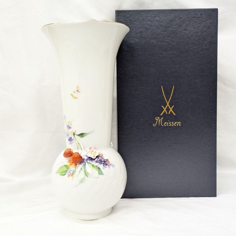 未使用 Meissen/マイセン 波の戯れ チェリー 高さ：30cm 磁器 花瓶