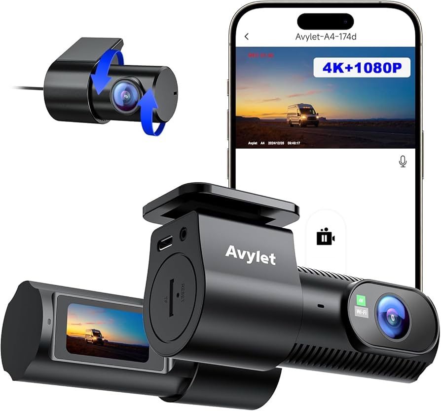 Avylet ドライブレコーダー 前後カメラ 4Kフロント 1080Pリア WiFi搭載 スマホ連携 外付けGPSモジュール対応 自動常時録画 Ｇセンサー 衝撃録画 24時間駐車監視 暗視機能 WDR画像補正 170°超広角 メモリカード対応（付属されない）
