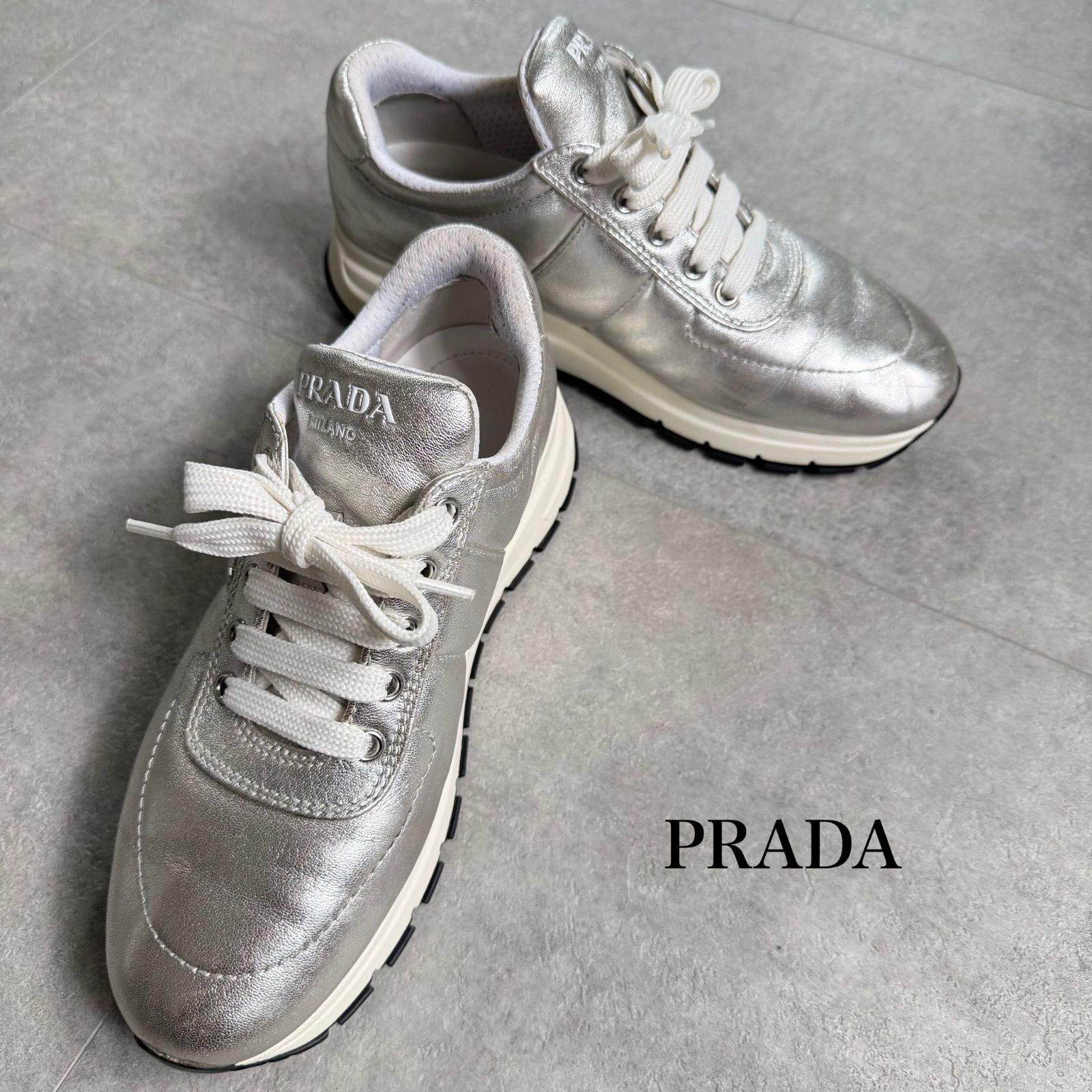 プラダ PRADA シューズ 37 - レザー シルバー メンズ ウィングチップ 靴