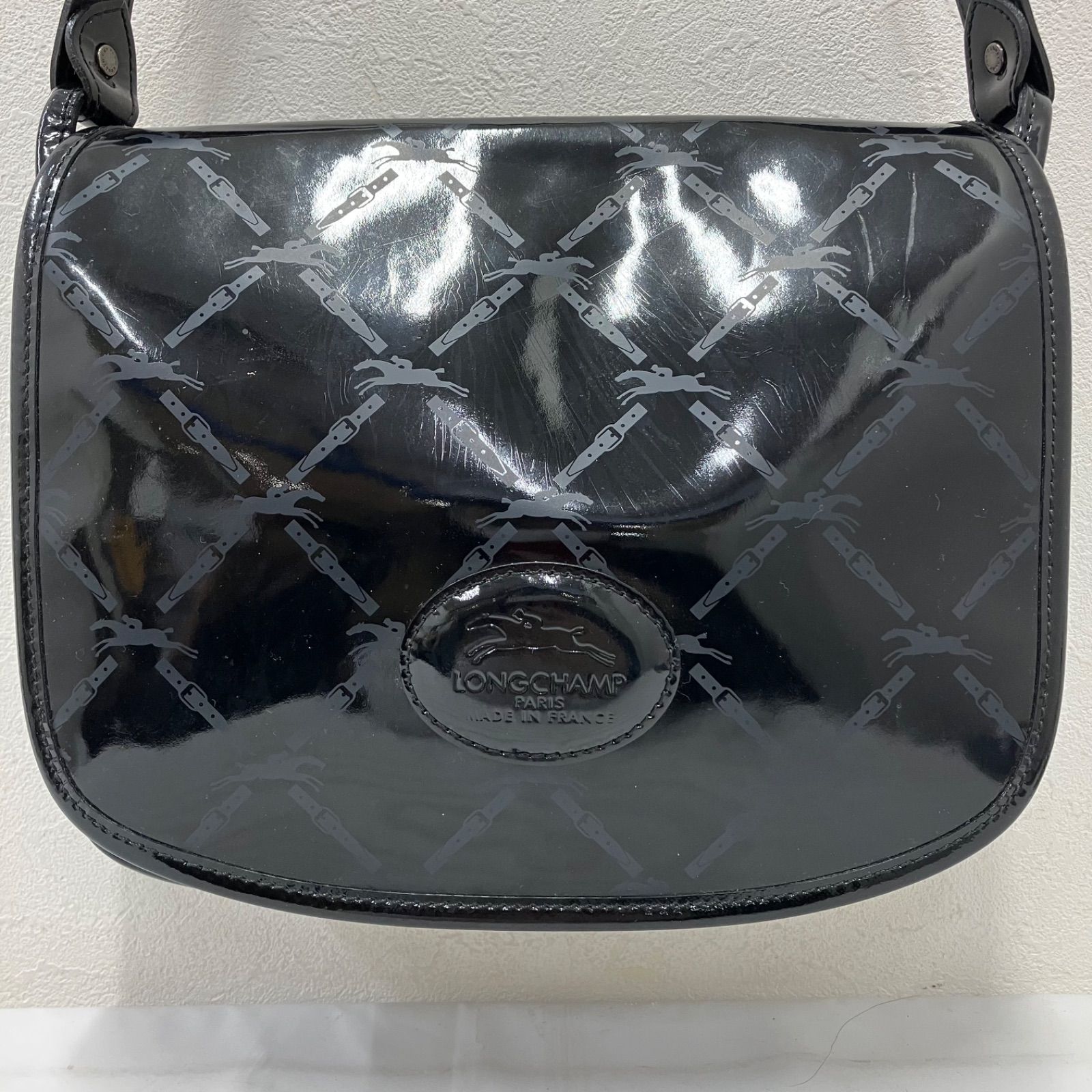 Y3031 LONGCHAMP ロンシャン ショルダーバッグ ブラック 黒 エナメル 