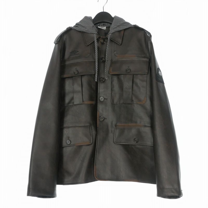 アンブロ UMBRO × SLAM JAM 26SS Eco Leather Service Jacket フーデッド エコレザージャケット ブルゾン 長袖 M Burnt Brown ブラウン UBMW0474FA304
