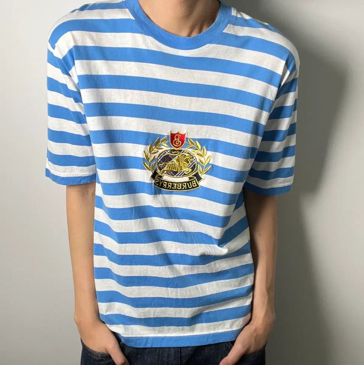 90's バーバリー クレスト アプリケ ストライプ 半袖 Tシャツ L