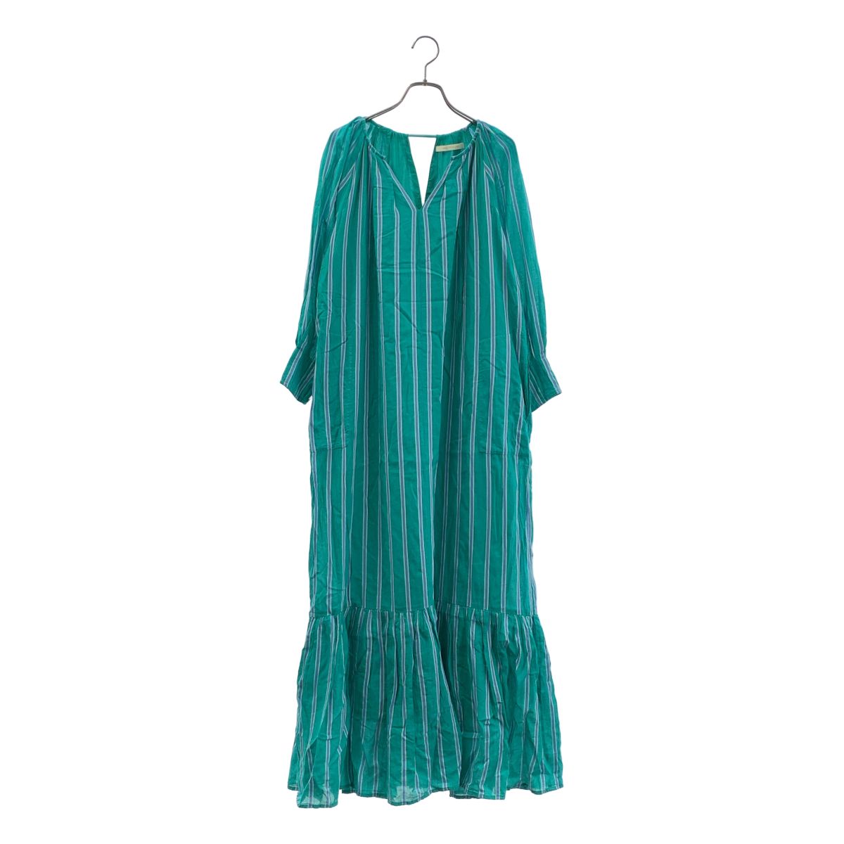 ne Quittez pas / ヌキテパ | 2025SS | Cotton Voile Stripe Gather Neck Dress ストライプ Vネック ワンピース | M | グリーン | レディース