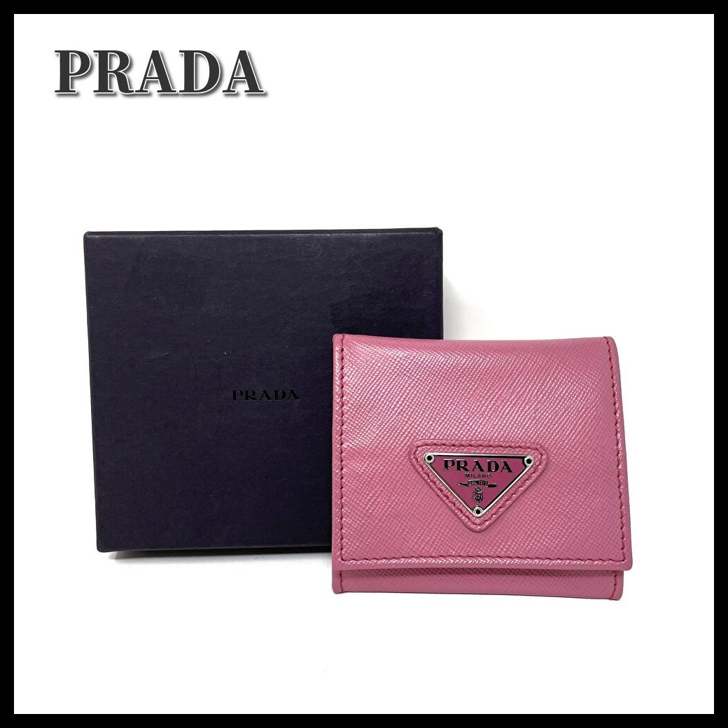 【良品】 PRADA （プラダ） サフィアーノ トライアングル ロゴ コインケース ピンク