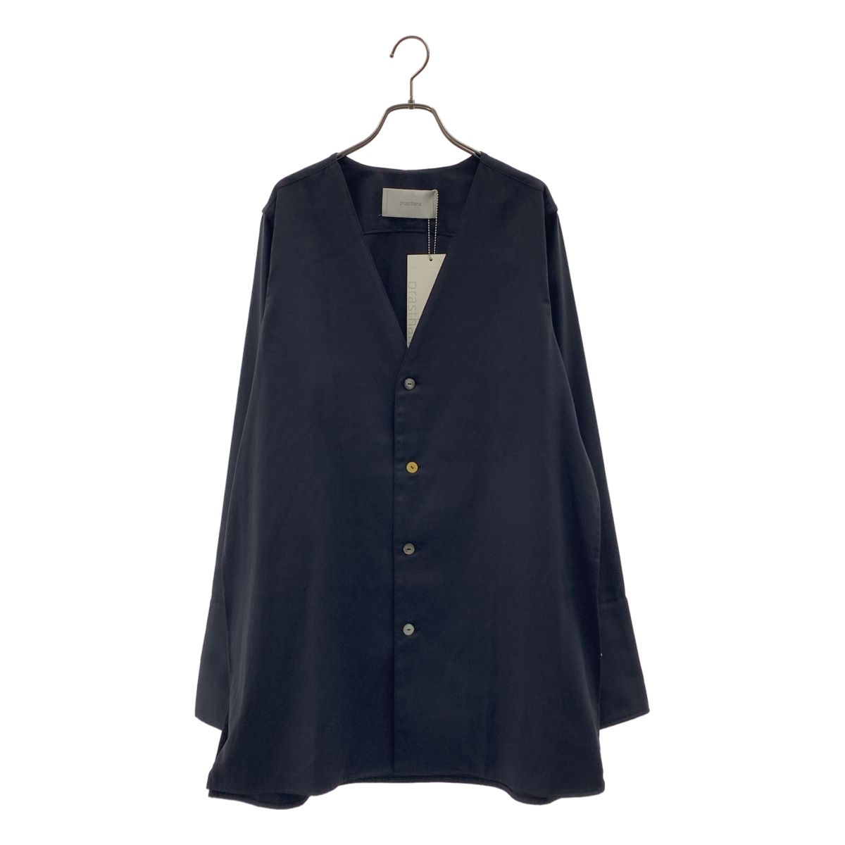 【新品】 prasthana / プラスターナ | crevice v front shirt サイドスリット Vネックシャツ | 1（M） | ブラック | メンズ