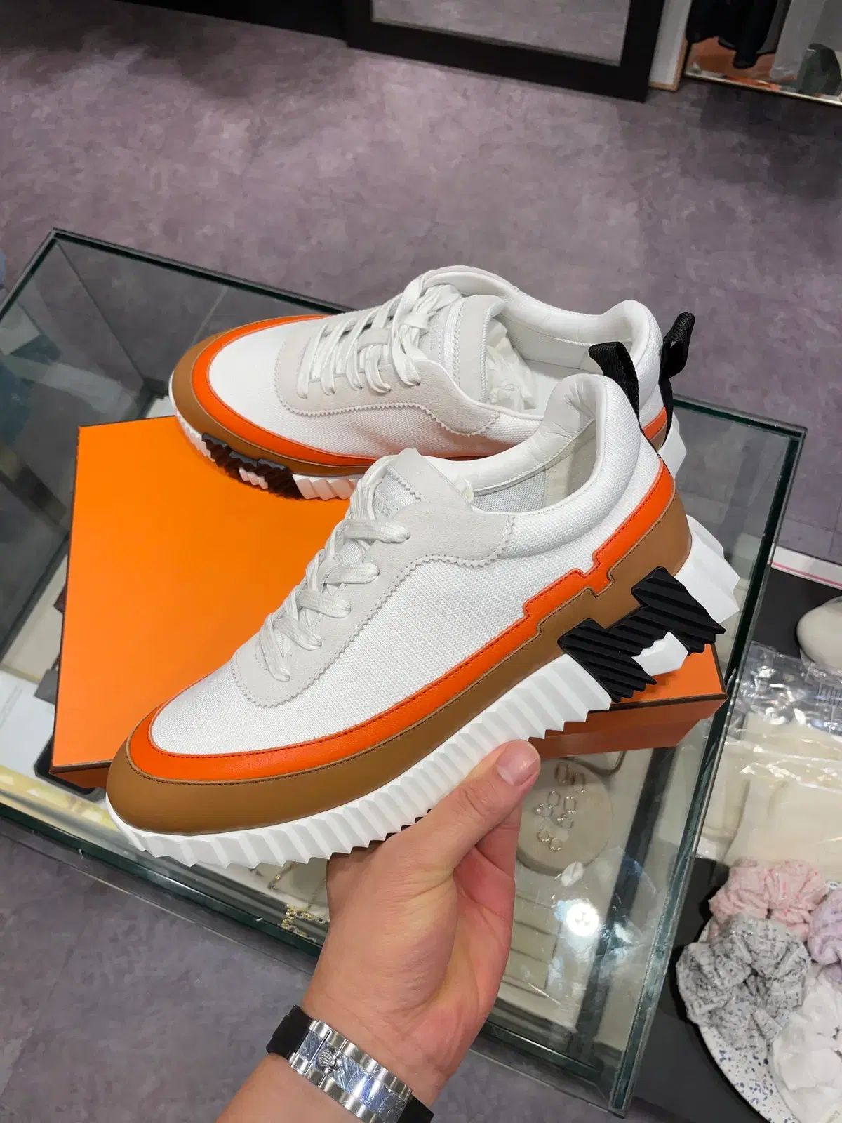メンズ/Hermes エルメス バウンシング スニーカー/ニューモデル/バイカラー LINE 白 オレンジ