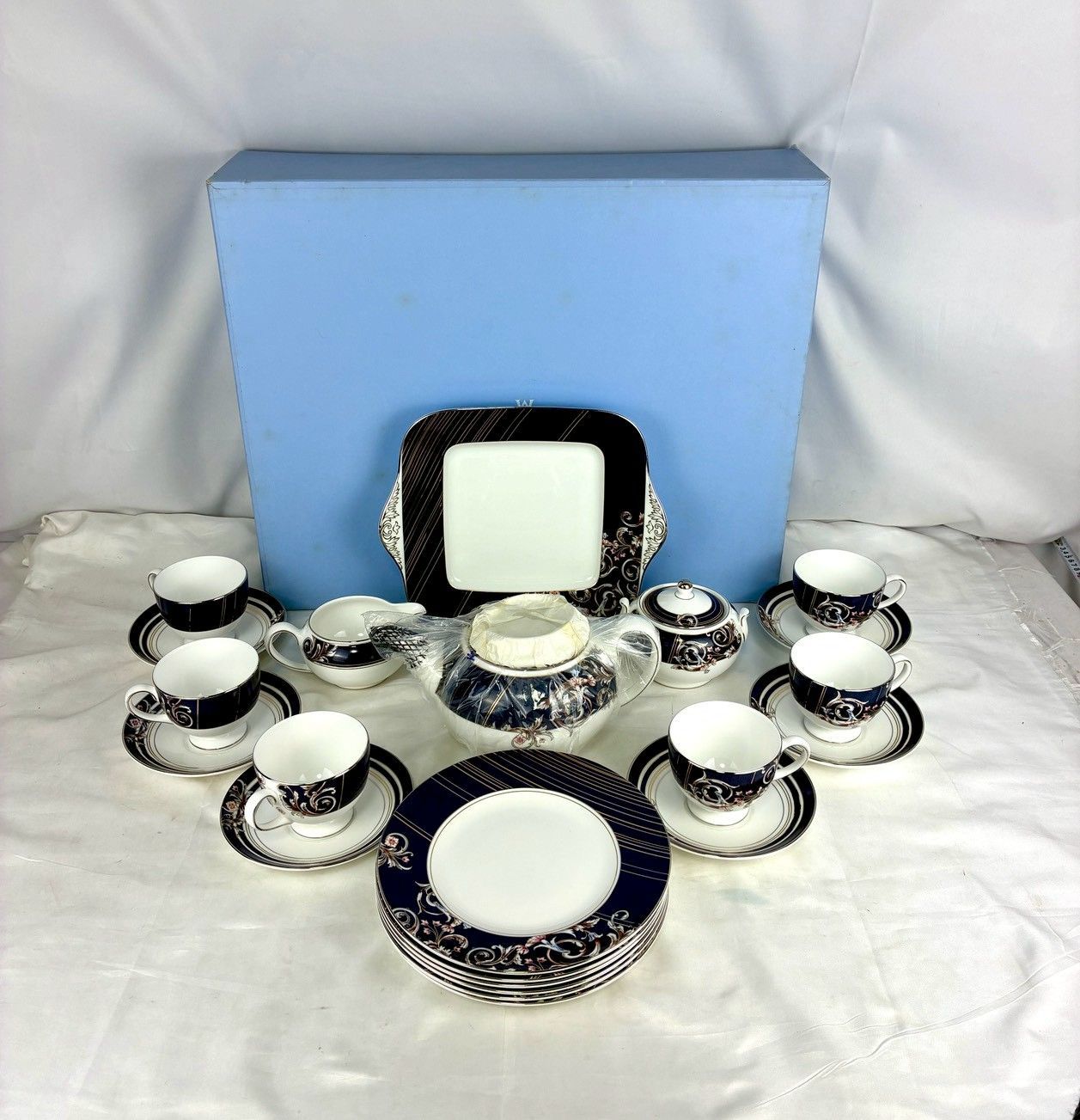 ③【極美品】WEDGWOOD ウェッジウッド ルネッサンスブルー ティーセット 16点 角皿 箱付 ⭐︎54