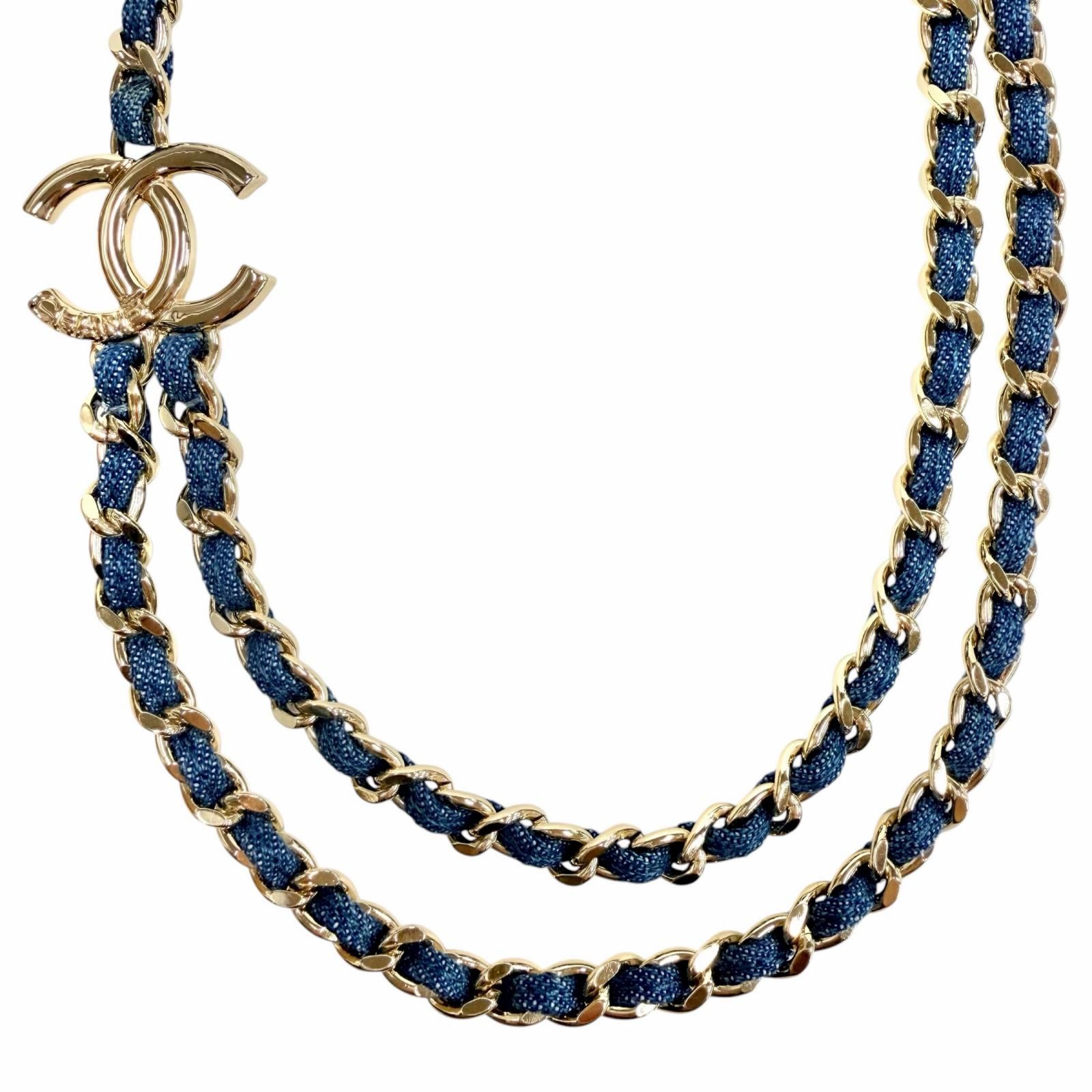極美品◇CHANEL シャネル B25P ABF163 ココマーク 二連チェーン ネックレス アクセサリー ブルー ゴールド金具 イタリア製 レディース 108,000円