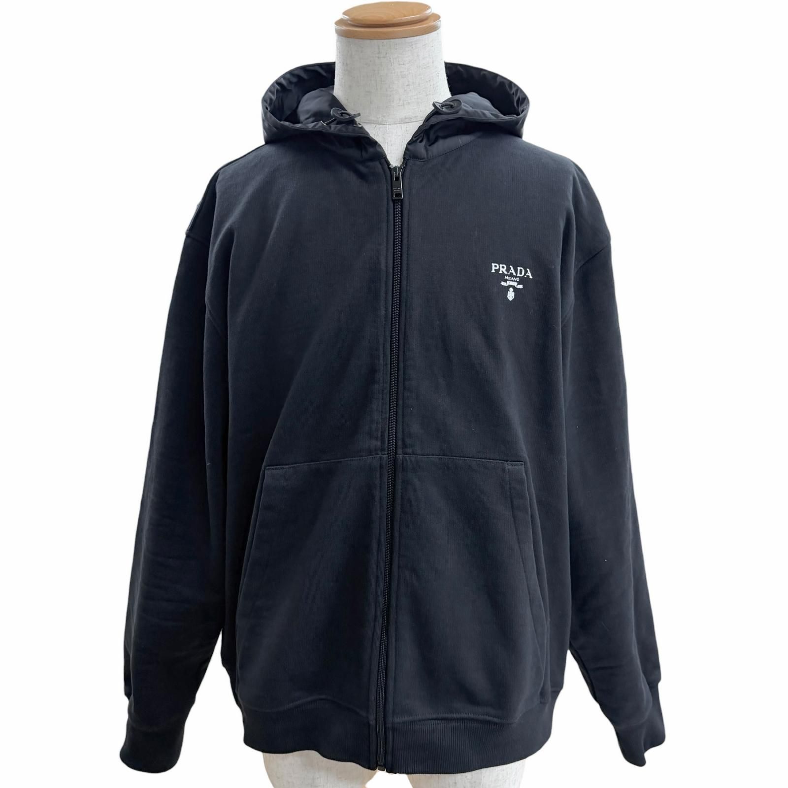 美品□PRADA プラダ UJL203 Re-Nylon コットン 素材切り替え ロゴプリント ジップアップパーカー フーディー ブラック L 正規品 メンズ