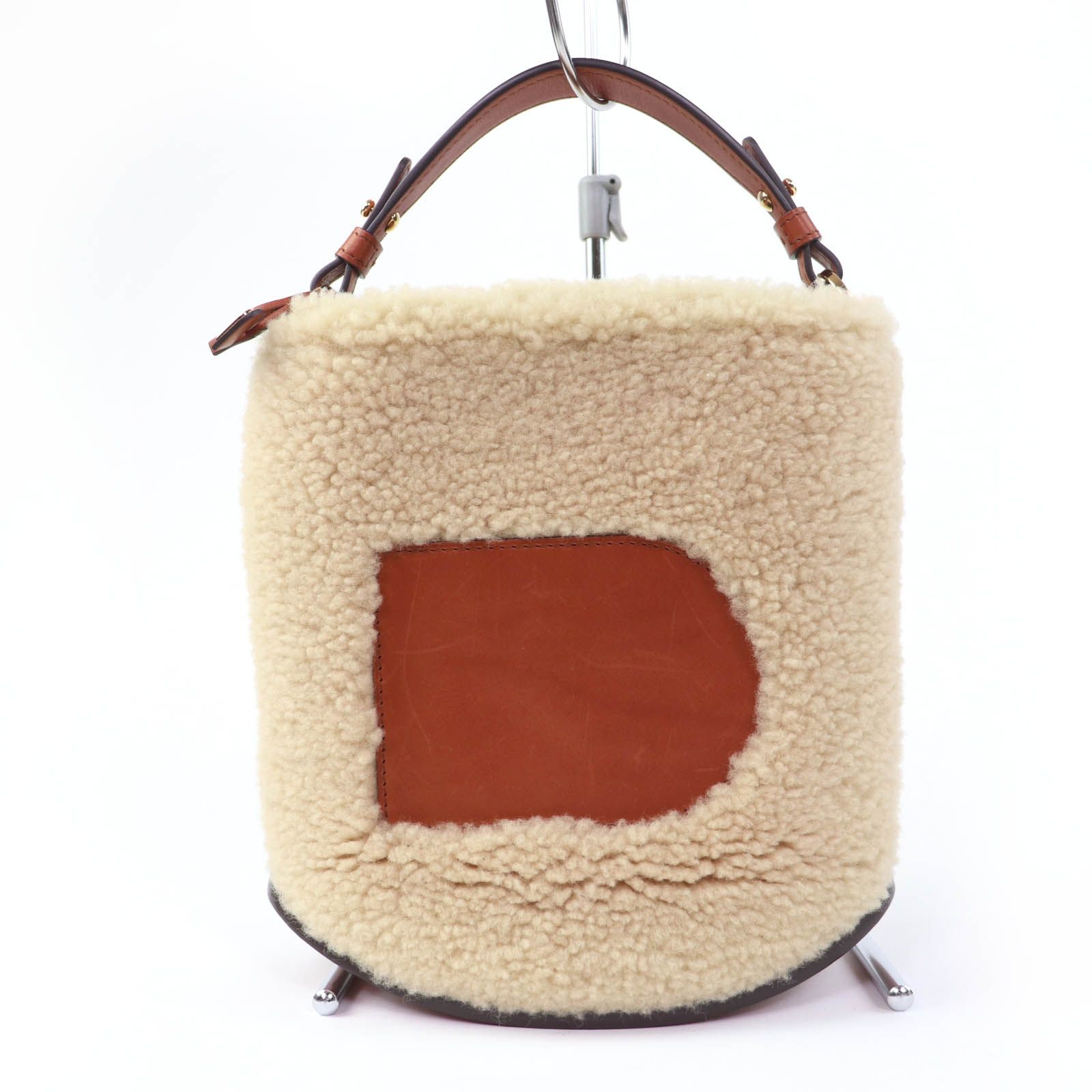 美品☆DELVAUX デルヴォー AA0607BRZ0 ピン ミニ バスケット テディ レザー使い ムートン ハンドバッグ ベージュ レディース 箱・保存袋付き
