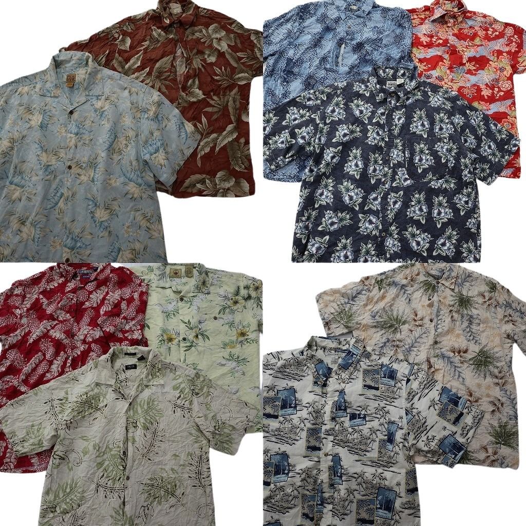 古着卸 まとめ売り 素材MIX アロハシャツ 10枚セット ( メンズ L ) リーフモチーフ ヤシの木 ボックスカット 開襟 中古 古着 NE6666