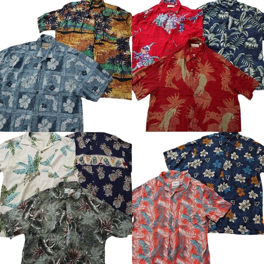 古着卸 まとめ売り 素材MIX アロハシャツ 10枚セット ( メンズ L ) リーフモチーフ 果物モチーフ ヤシの木 開襟 中古 古着 NE6677