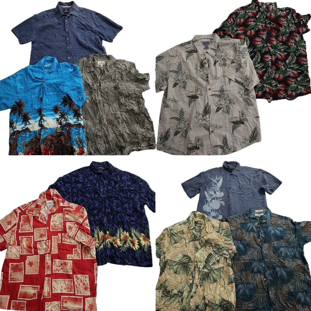 古着卸 まとめ売り 素材MIX アロハシャツ 10枚セット ( メンズ XL ) ホリゾンタル リーフモチーフ 開襟 ボックスカット 中古 古着 NE6764