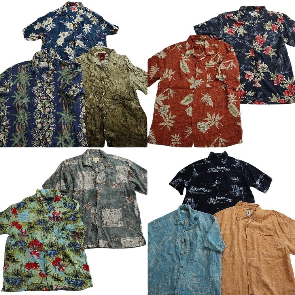 古着卸 まとめ売り 素材MIX アロハシャツ 10枚セット ( メンズ L ) リーフモチーフ 開襟 ハイビスカス ボックスカット 中古 古着 NE6765