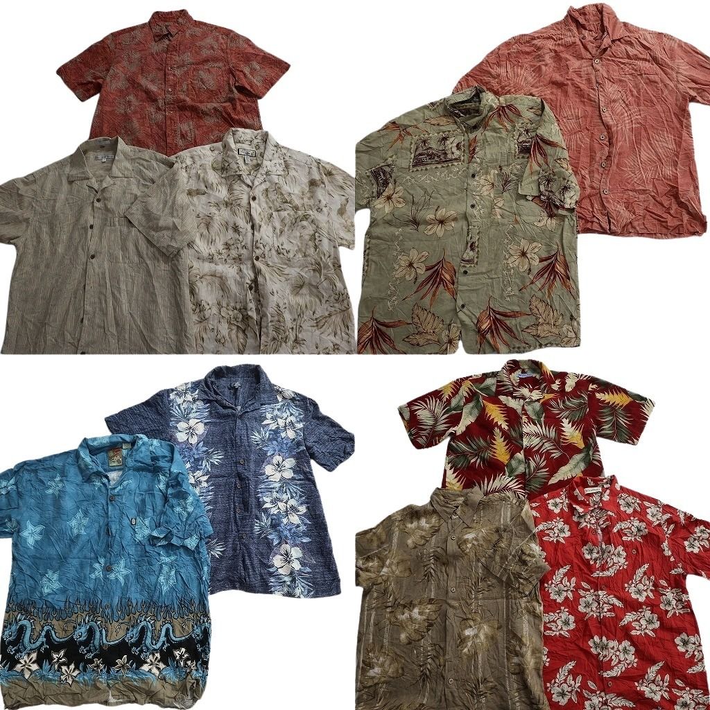 古着卸 まとめ売り 素材MIX アロハシャツ 10枚セット ( メンズ M ) リーフモチーフ ハイビスカス ボックスカット 開襟 中古 古着 NE6768