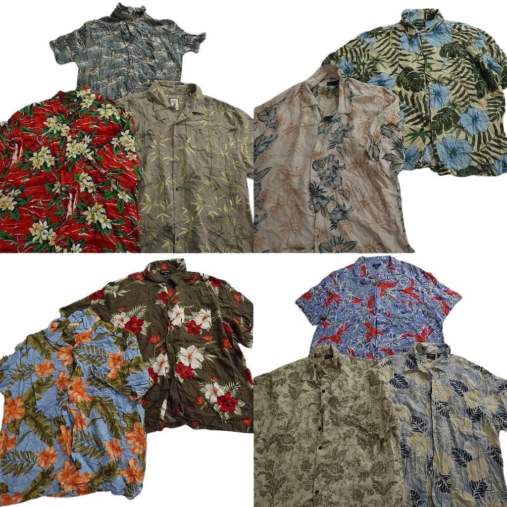 古着卸 まとめ売り 素材MIX アロハシャツ 10枚セット ( メンズ XL ) ハイビスカス リーフモチーフ 開襟 ボックスカット 中古 古着 NE6771