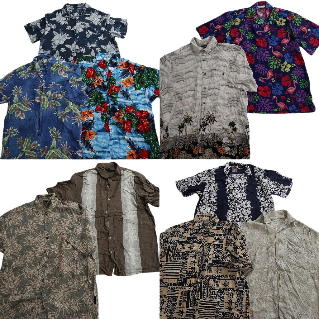 古着卸 まとめ売り 素材MIX アロハシャツ 10枚セット ( メンズ L ) リーフモチーフ ヤシの木 動物モチーフ フラミンゴ 中古 古着 NE6777