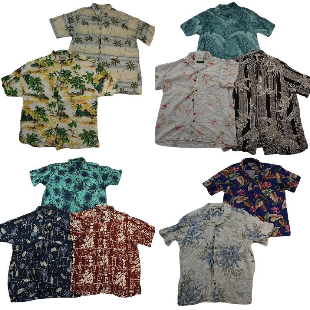 古着卸 まとめ売り 素材MIX アロハシャツ 10枚セット ( メンズ L ) ホリゾンタル パームツリー リーフ柄 オープンカラー 中古 古着 NE6781