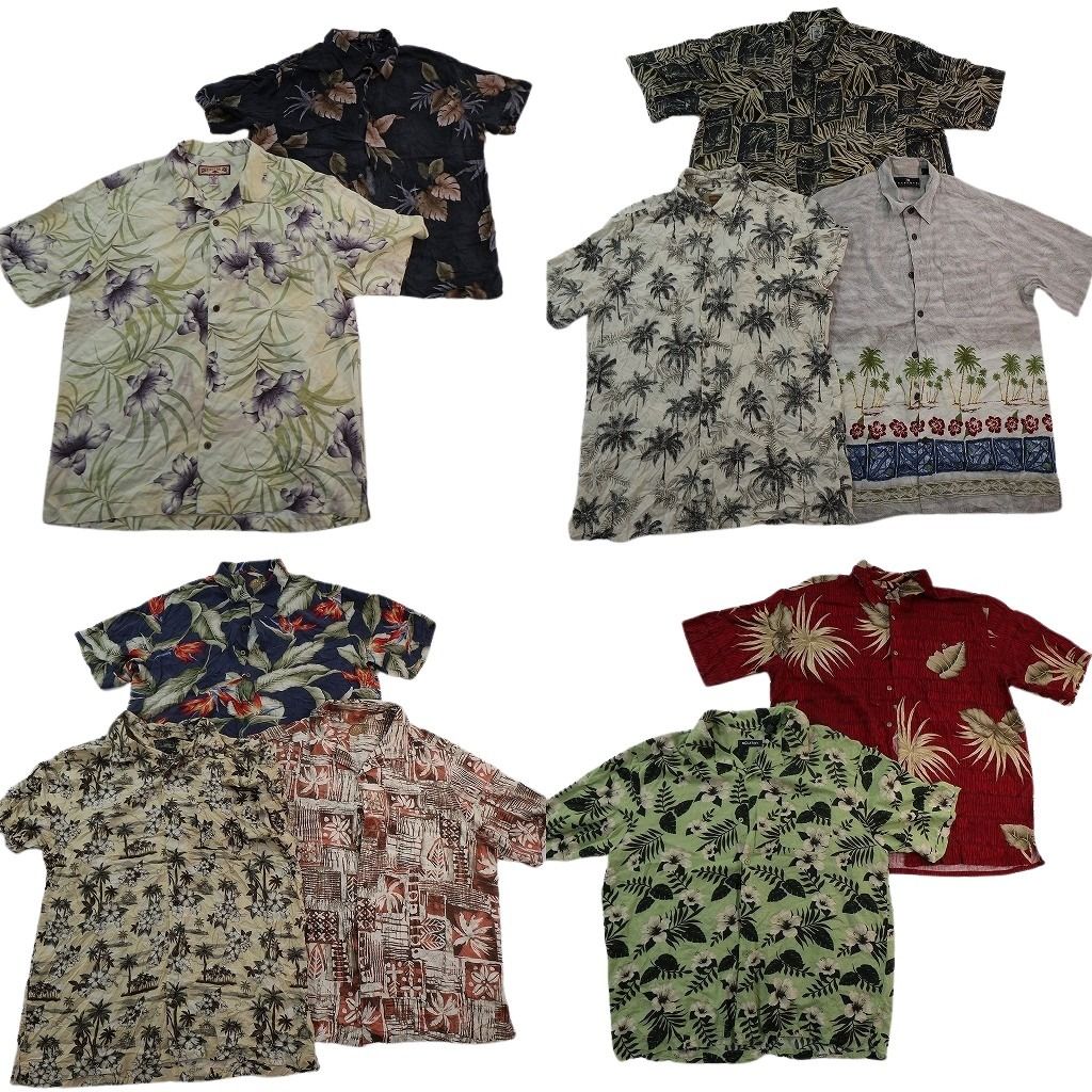 古着卸 まとめ売り 素材MIX アロハシャツ 10枚セット ( メンズ XL ) ボックスカット ヤシの木 リーフ柄 ハイビスカス 中古 古着 NE6793