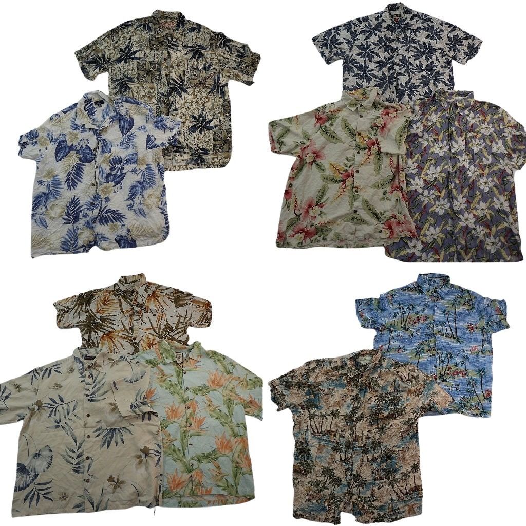 古着卸 まとめ売り 素材MIX アロハシャツ 10枚セット ( メンズ XL ) オープンカラー ハイビスカス リーフ柄 ホリゾンタル 中古 古着 NE6794