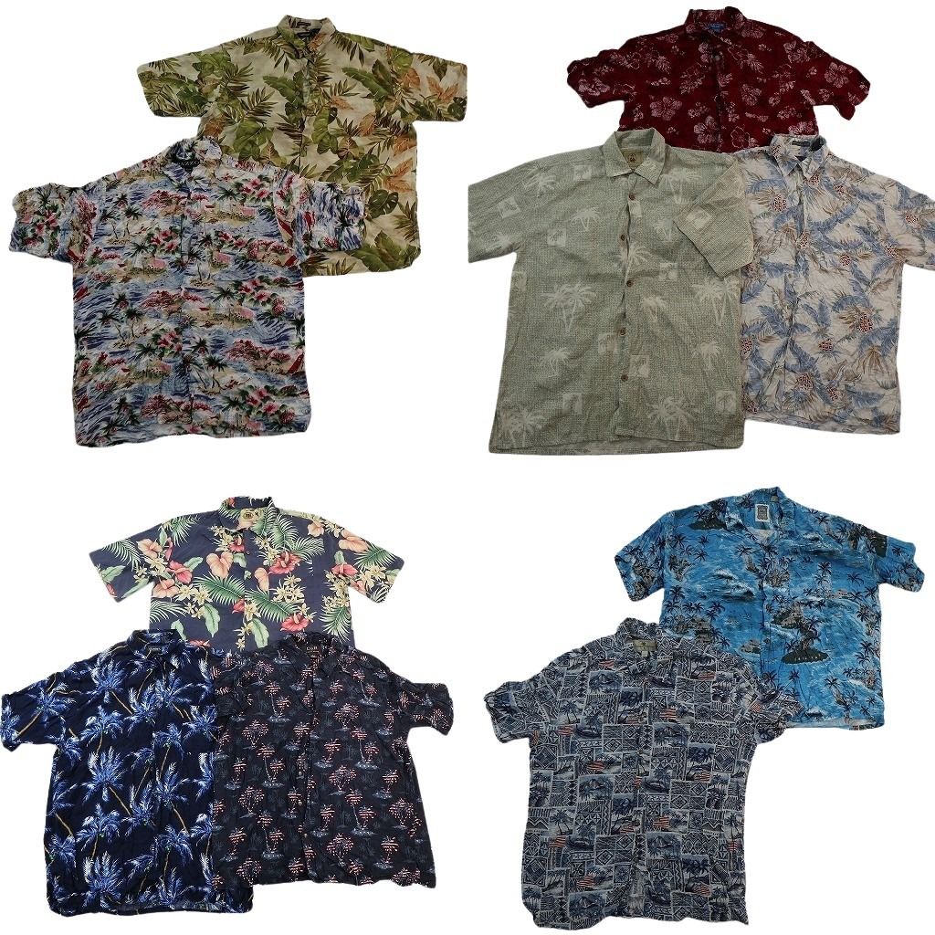 古着卸 まとめ売り 素材MIX アロハシャツ 10枚セット ( メンズ L ) リーフ柄 ハイビスカス パームツリー ボックスカット 中古 古着 NE6800