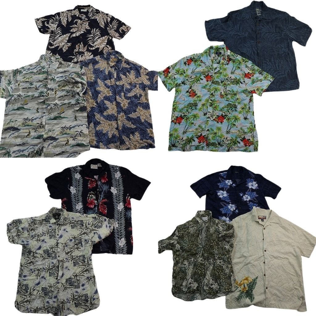 古着卸 まとめ売り 素材MIX アロハシャツ 10枚セット ( メンズ L ) ハイビスカス ボーダーパターン パームツリー 中古 古着 NE6801