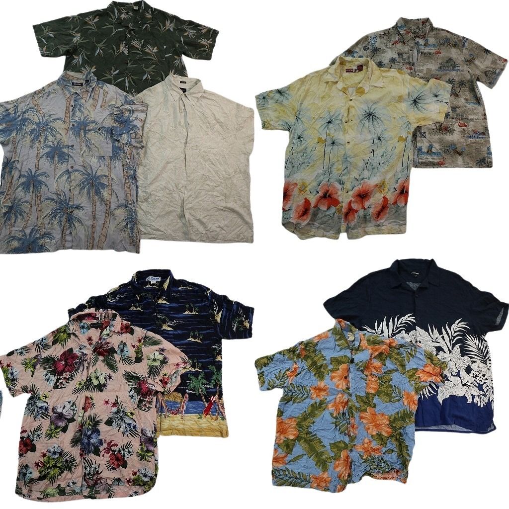 古着卸 まとめ売り 素材MIX アロハシャツ 9枚セット ( メンズ XL ) パームツリー ハイビスカス ホリゾンタル ボックスカット 中古 NE6813