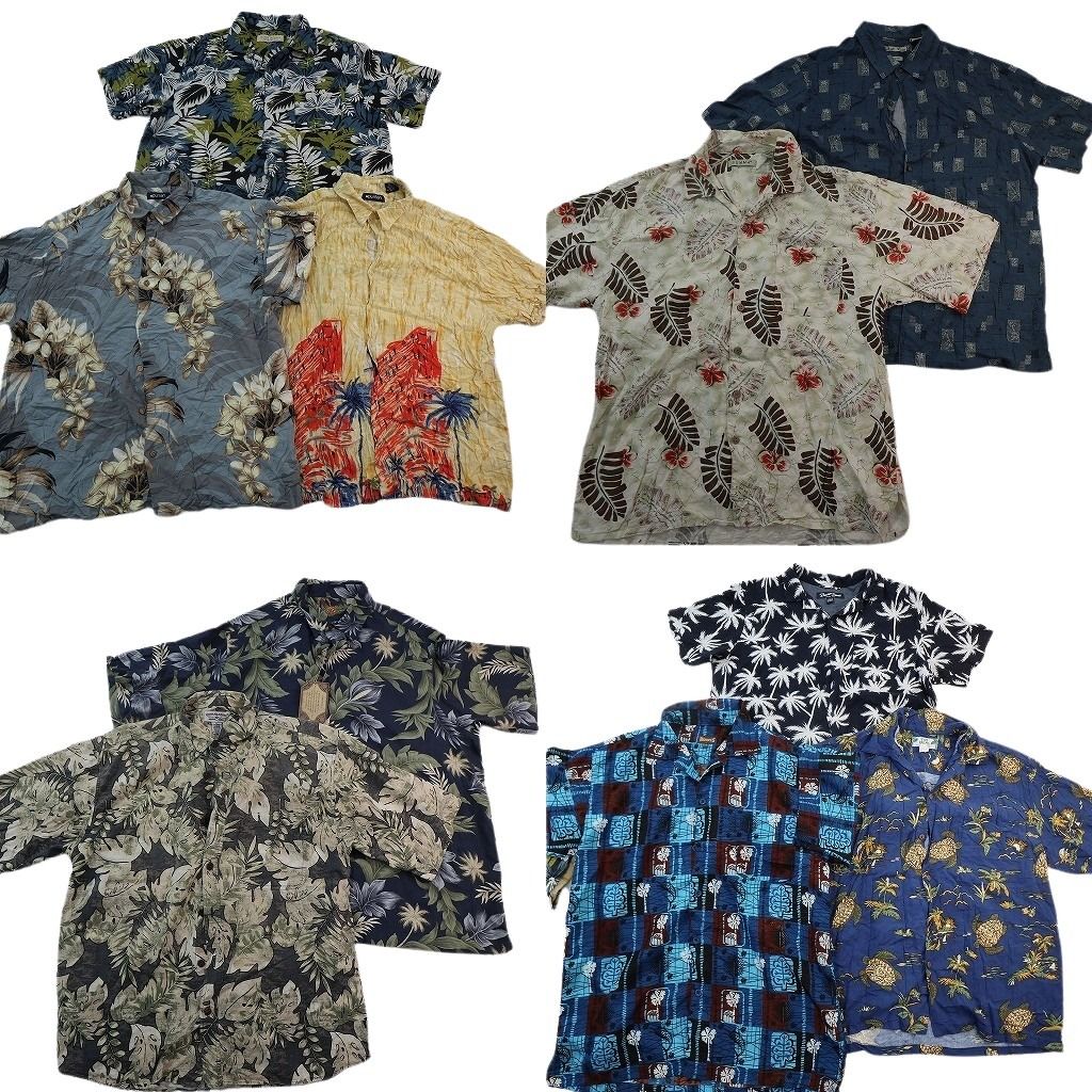 古着卸 まとめ売り 素材MIX アロハシャツ 10枚セット ( メンズ XL ) オープンカラー 生き物モチーフ リーフ柄 中古 古着 NE6814
