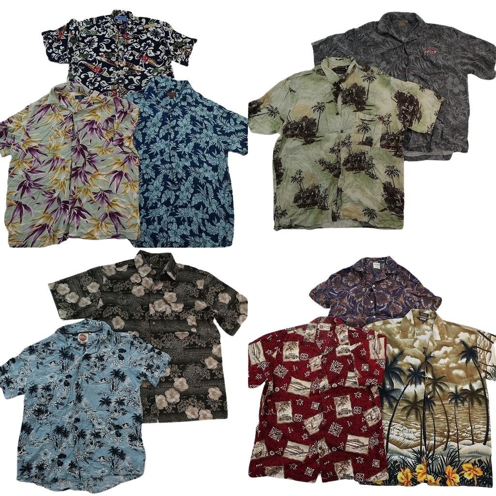 古着卸 まとめ売り 素材MIX アロハシャツ 10枚セット ( メンズ L ) リーフ柄 ホリゾンタル ピクチャーモチーフ 中古 古着 NE6815