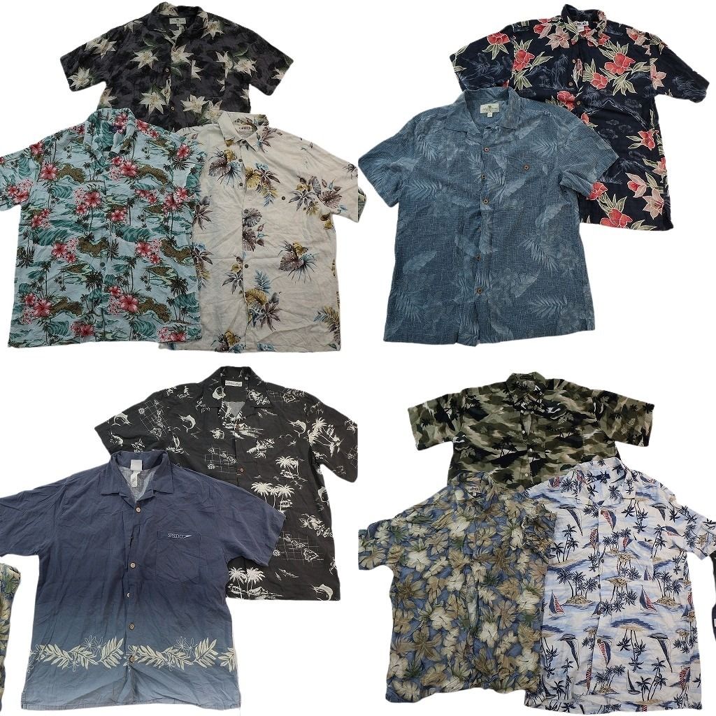 古着卸 まとめ売り 素材MIX アロハシャツ 10枚セット ( メンズ L ) ハイビスカス ホリゾンタル パームツリー 中古 古着 NE6817