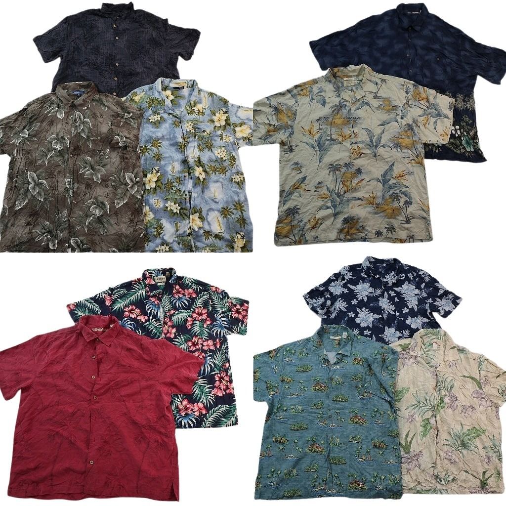 古着卸 まとめ売り 素材MIX アロハシャツ 10枚セット ( メンズ 2XL ) ハイビスカス リーフ柄 パームツリー 中古 古着 NE6820