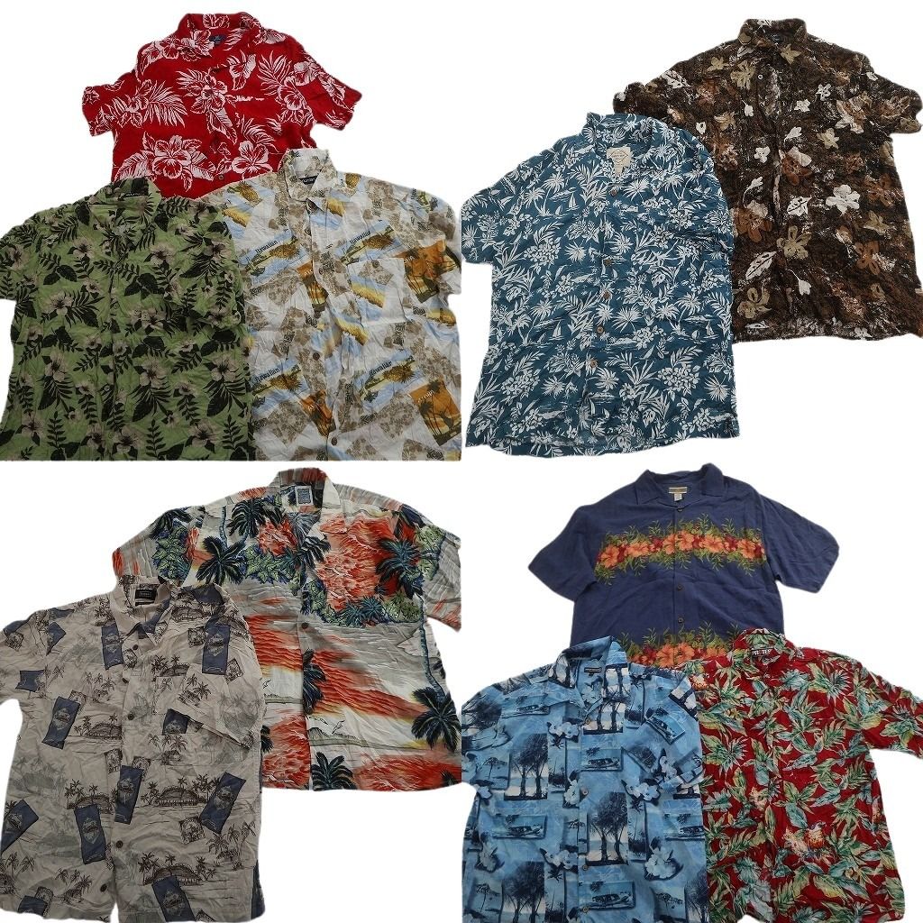 古着卸 まとめ売り 素材MIX アロハシャツ 10枚セット ( メンズ L ) ホリゾンタル ハイビスカス オープンカラー 中古 古着 NE6824