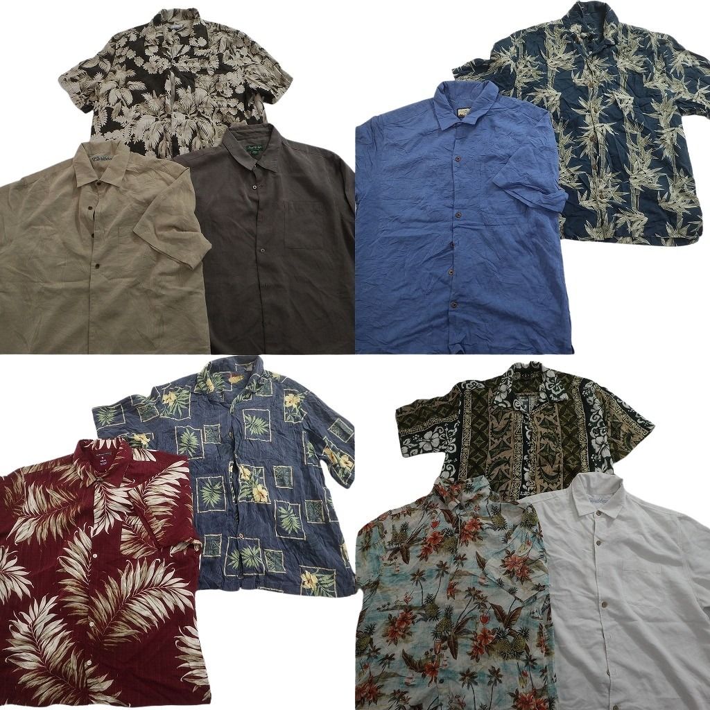 古着卸 まとめ売り 素材MIX アロハシャツ 10枚セット ( メンズ XL ) ハイビスカス リーフ柄 ボックスカット 中古 古着 NE6830