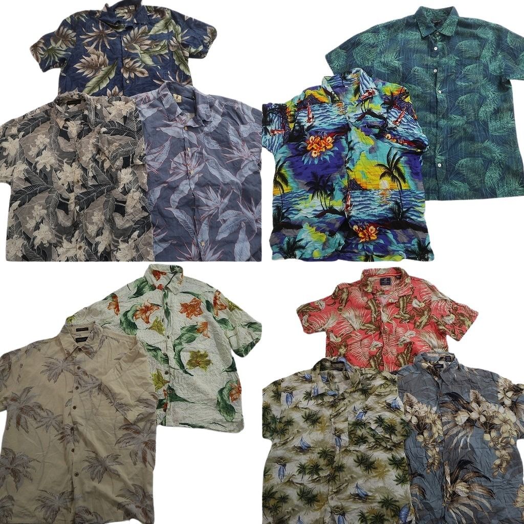 古着卸 まとめ売り 素材MIX アロハシャツ 10枚セット ( メンズ L ) リーフ柄 オープンカラー ホリゾンタル 中古 古着 NE6835