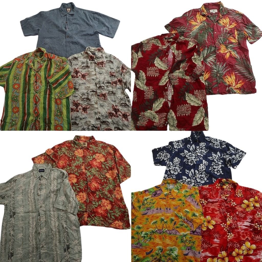 古着卸 まとめ売り 素材MIX アロハシャツ 10枚セット ( メンズ L ) ホリゾンタル パームツリー ハイビスカス 中古 古着 NE6837