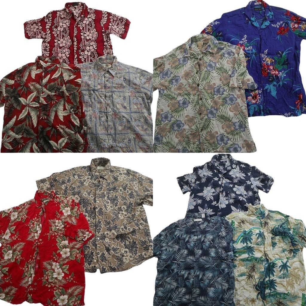 古着卸 まとめ売り 素材MIX アロハシャツ 10枚セット ( メンズ L ) ボーダーパターン リーフ柄 パームツリー 中古 古着 NE6838