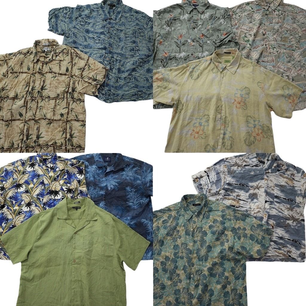 古着卸 まとめ売り 素材MIX アロハシャツ 10枚セット ( メンズ XL ) ハイビスカス オープンカラー リーフ柄 中古 古着 NE6847