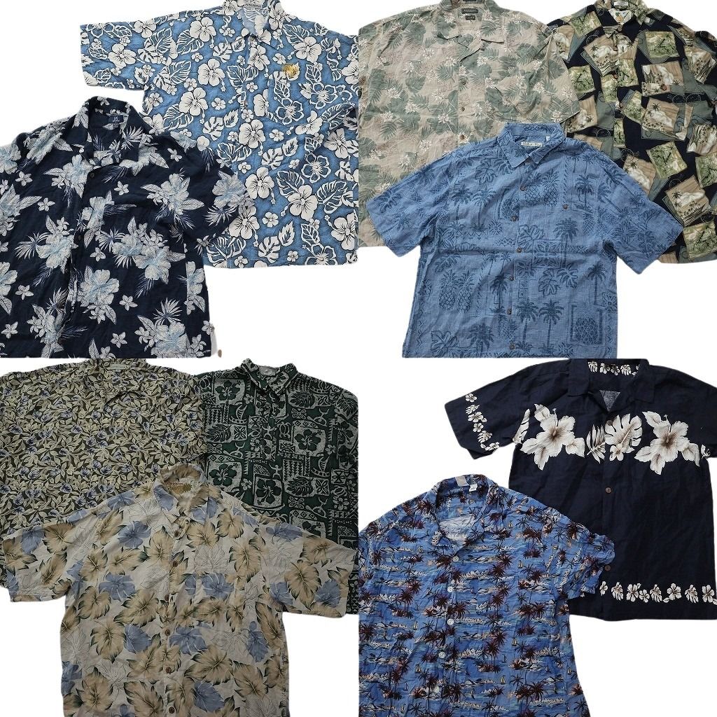 古着卸 まとめ売り 素材MIX アロハシャツ 10枚セット ( メンズ L ) ハイビスカス リーフ柄 パイナップル 中古 古着 NE6854