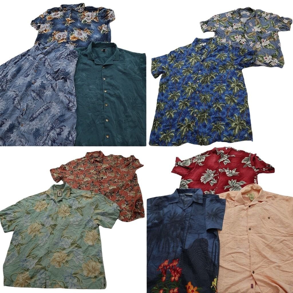 古着卸 まとめ売り 素材MIX アロハシャツ 10枚セット ( メンズ 2XL ) リーフモチーフ ハイビスカス 開襟 ボックスカット 中古 古着 NE6863