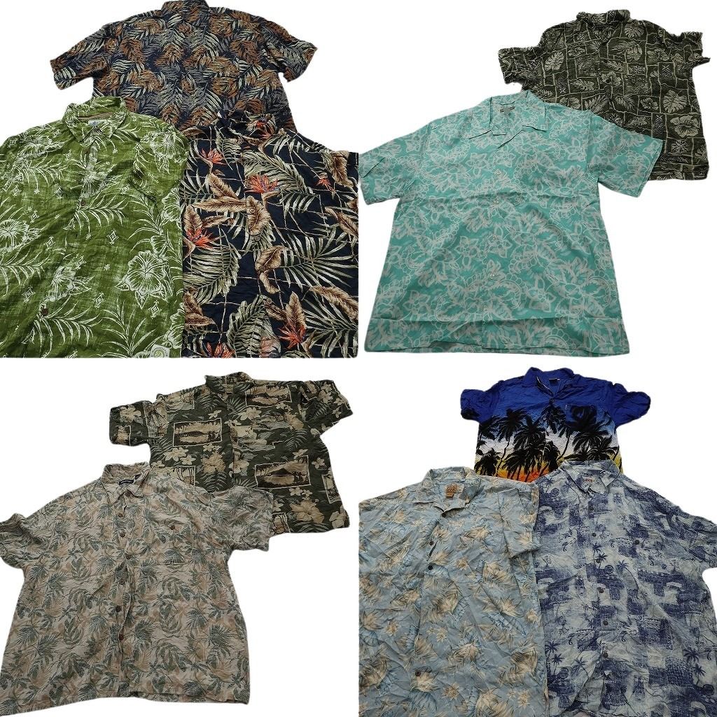 古着卸 まとめ売り 素材MIX アロハシャツ 10枚セット ( メンズ XL ) リーフモチーフ ホリゾンタル 開襟 ボックスカット 中古 古着 NE6866